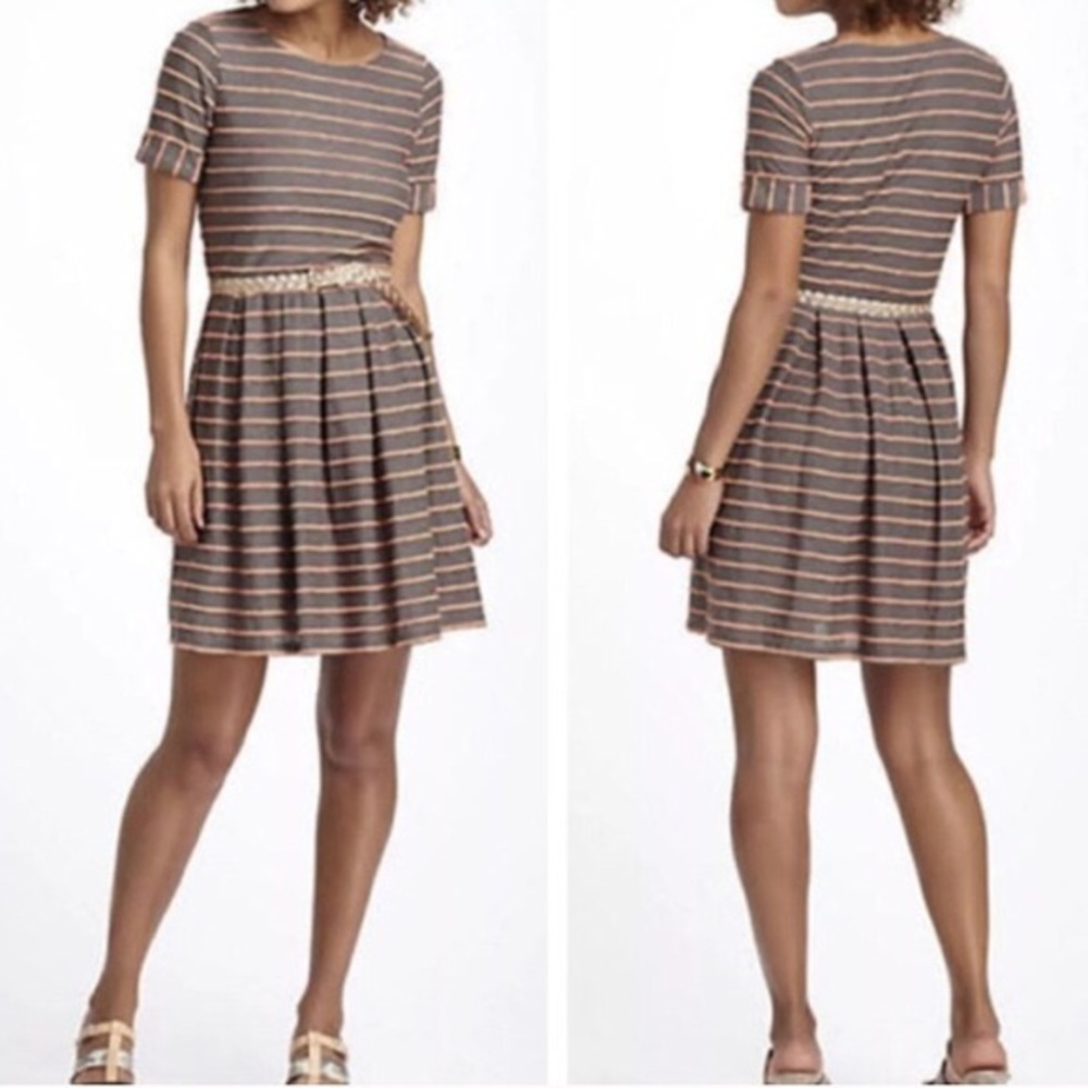 Anthropologie Bordeaux Brown Gray Stripe Dress